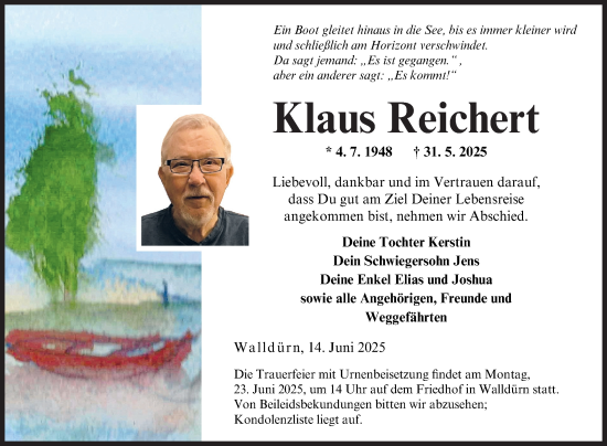Traueranzeige von Klaus Reichert von Fränkische Nachrichten