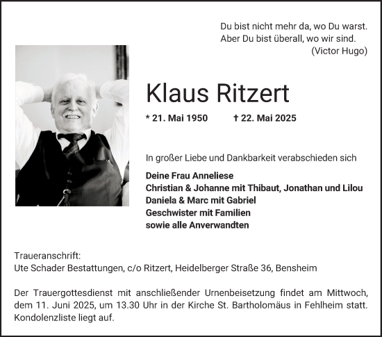 Traueranzeige von Klaus Ritzert von Bergsträßer Anzeiger