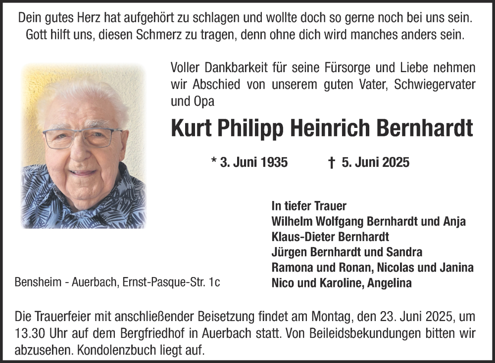  Traueranzeige für Kurt Philipp Heinrich Bernhardt vom 21.06.2025 aus Bergsträßer Anzeiger