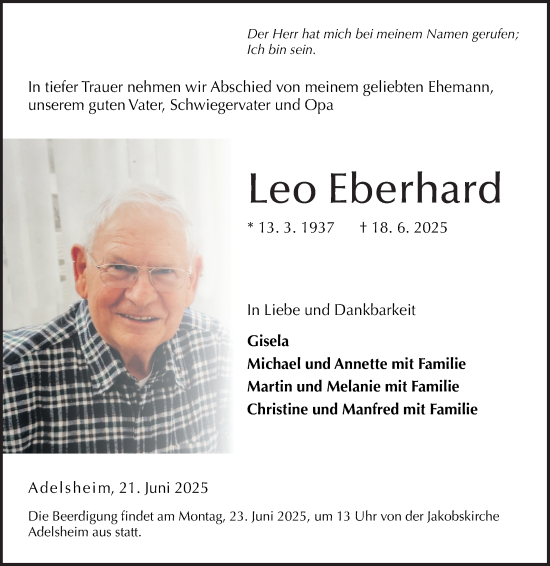 Traueranzeige von Leo Eberhard von Fränkische Nachrichten