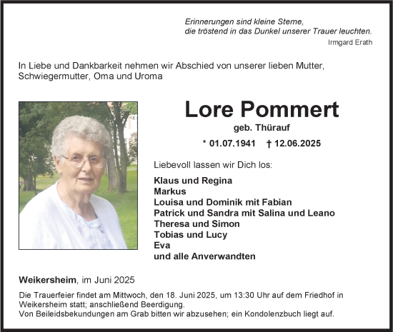 Traueranzeige von Lore Pommert von Fränkische Nachrichten