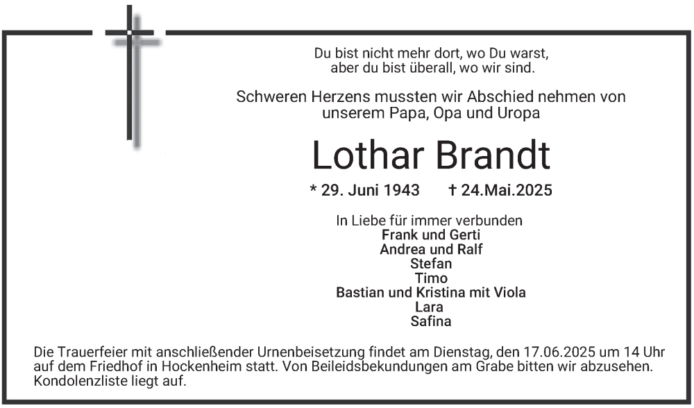  Traueranzeige für Lothar Brandt vom 14.06.2025 aus Schwetzinger Zeitung
