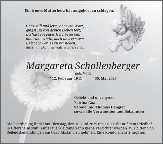Traueranzeige von Margareta Schollenberger von Schwetzinger Zeitung