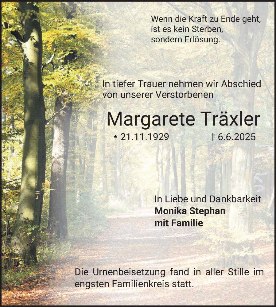  Traueranzeige für Margarete Träxler vom 21.06.2025 aus Bergsträßer Anzeiger