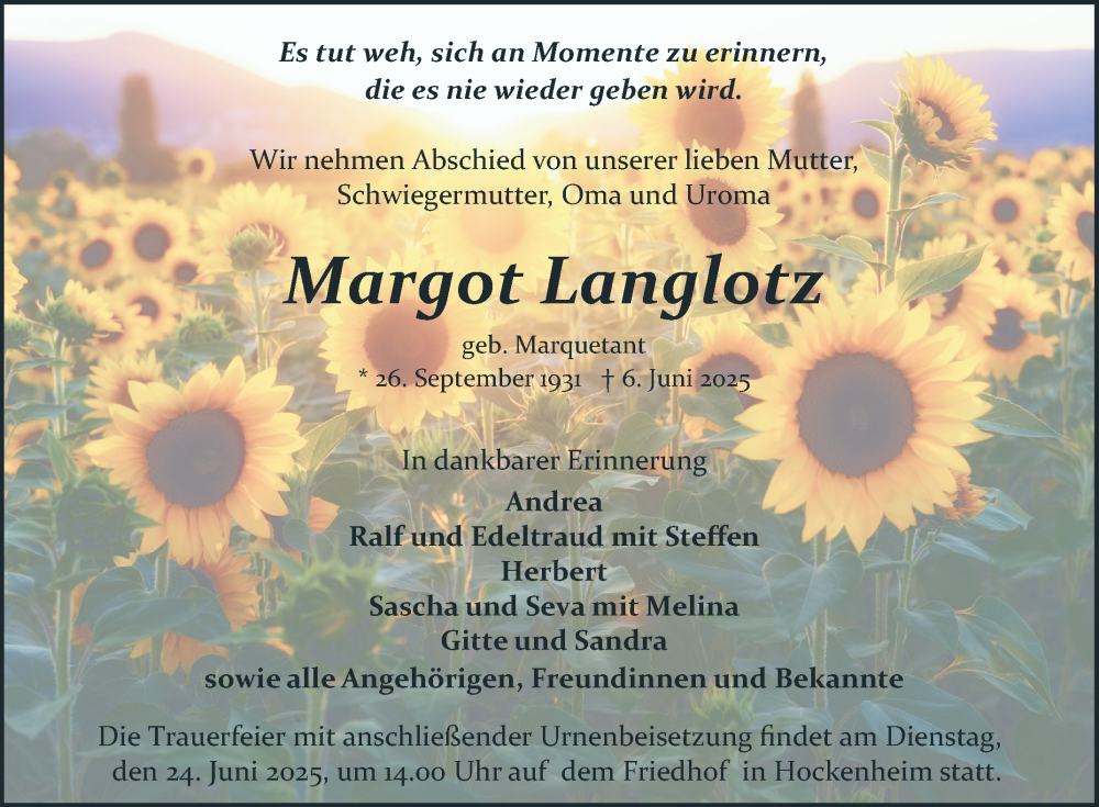  Traueranzeige für Margot Langlotz vom 21.06.2025 aus Schwetzinger Zeitung