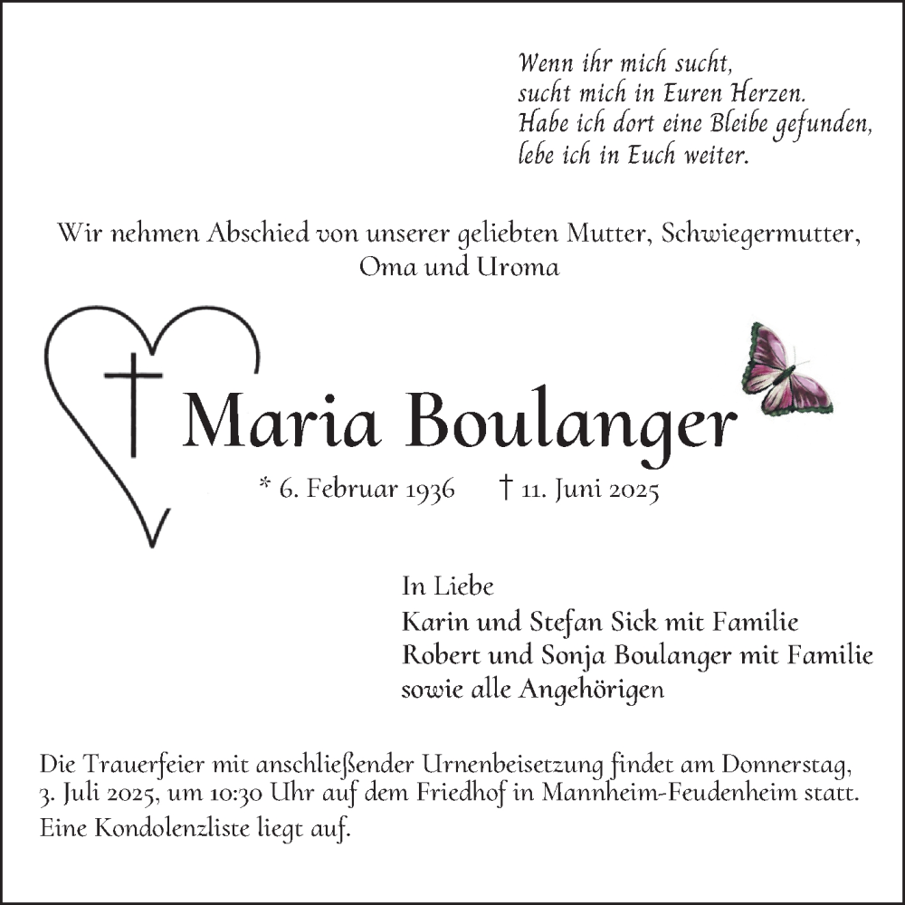  Traueranzeige für Maria Boulanger vom 28.06.2025 aus Mannheimer Morgen