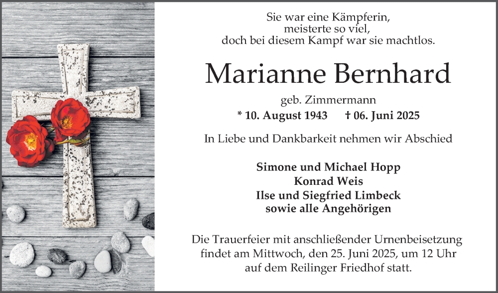  Traueranzeige für Marianne Bernhard vom 21.06.2025 aus Schwetzinger Zeitung