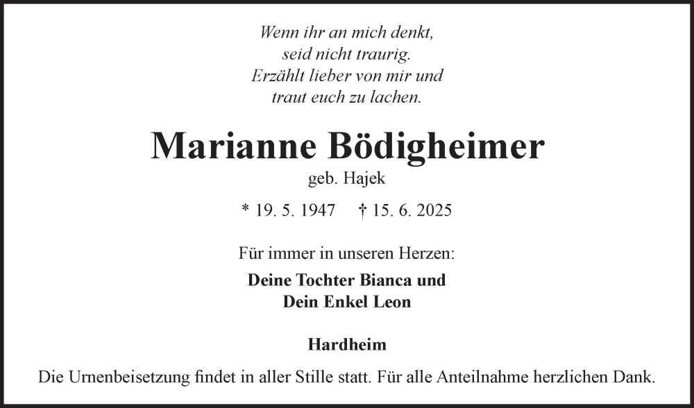  Traueranzeige für Marianne Bödigheimer vom 27.06.2025 aus Fränkische Nachrichten