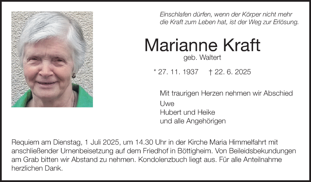  Traueranzeige für Marianne Kraft vom 28.06.2025 aus Fränkische Nachrichten