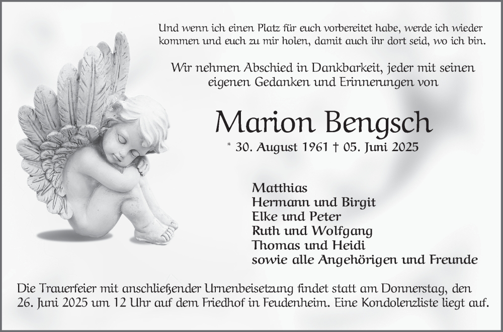  Traueranzeige für Marion Bengsch vom 21.06.2025 aus Mannheimer Morgen