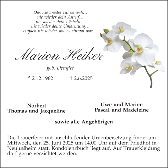 Traueranzeige von Marion Heiker von Schwetzinger Zeitung