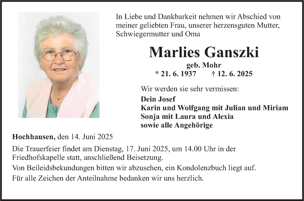  Traueranzeige für Marlies Ganszki vom 14.06.2025 aus Fränkische Nachrichten