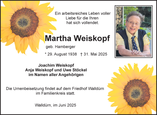 Traueranzeige von Martha Weiskopf von Fränkische Nachrichten