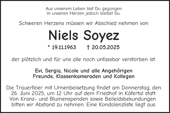 Traueranzeige von Niels Soyez von Mannheimer Morgen
