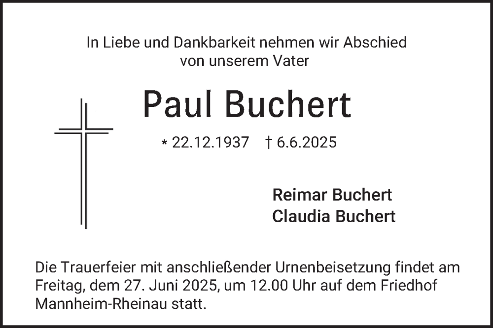 Traueranzeige für Paul Buchert vom 25.06.2025 aus Mannheimer Morgen