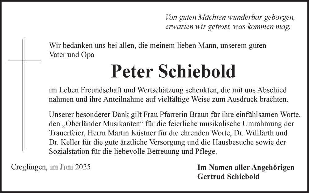  Traueranzeige für Peter Schiebold vom 21.06.2025 aus Fränkische Nachrichten