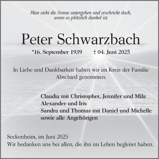 Traueranzeige von Peter Schwarzbach von Mannheimer Morgen