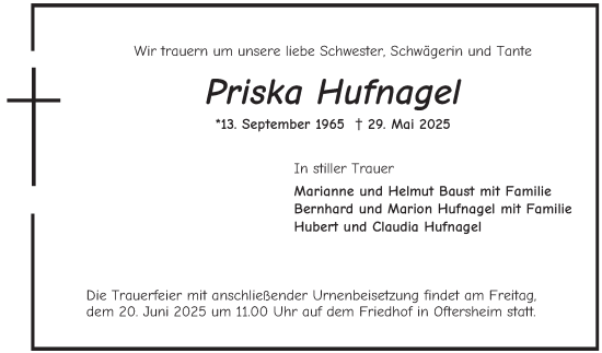 Traueranzeige von Priska Hufnagel von Schwetzinger Zeitung