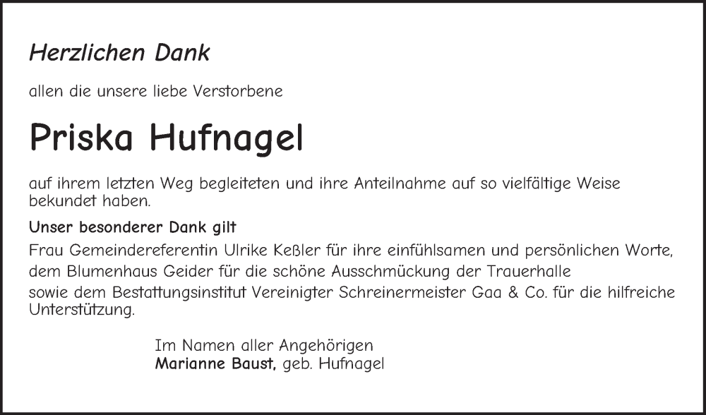  Traueranzeige für Priska Hufnagel vom 28.06.2025 aus Schwetzinger Zeitung