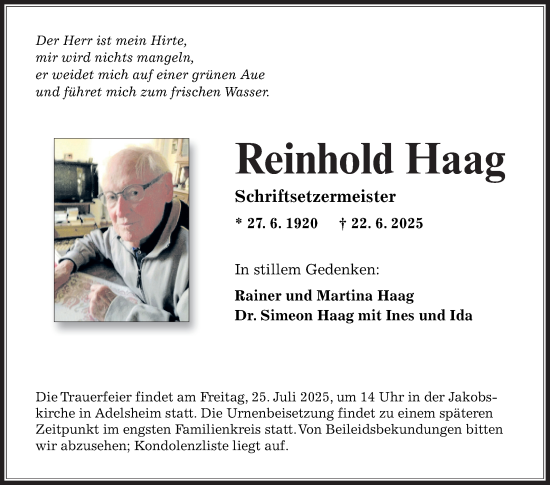 Traueranzeige von Reinhold Haag von Fränkische Nachrichten