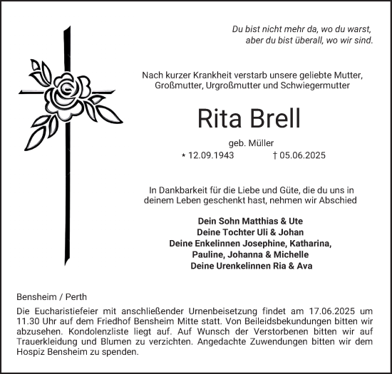 Traueranzeige von Rita Brell von Bergsträßer Anzeiger