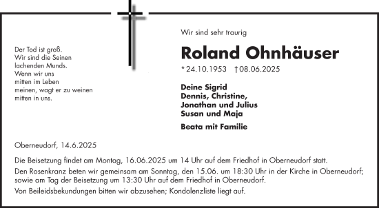 Traueranzeige von Roland Ohnhäuser von Fränkische Nachrichten
