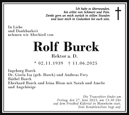 Traueranzeige von Rolf Burck von Mannheimer Morgen
