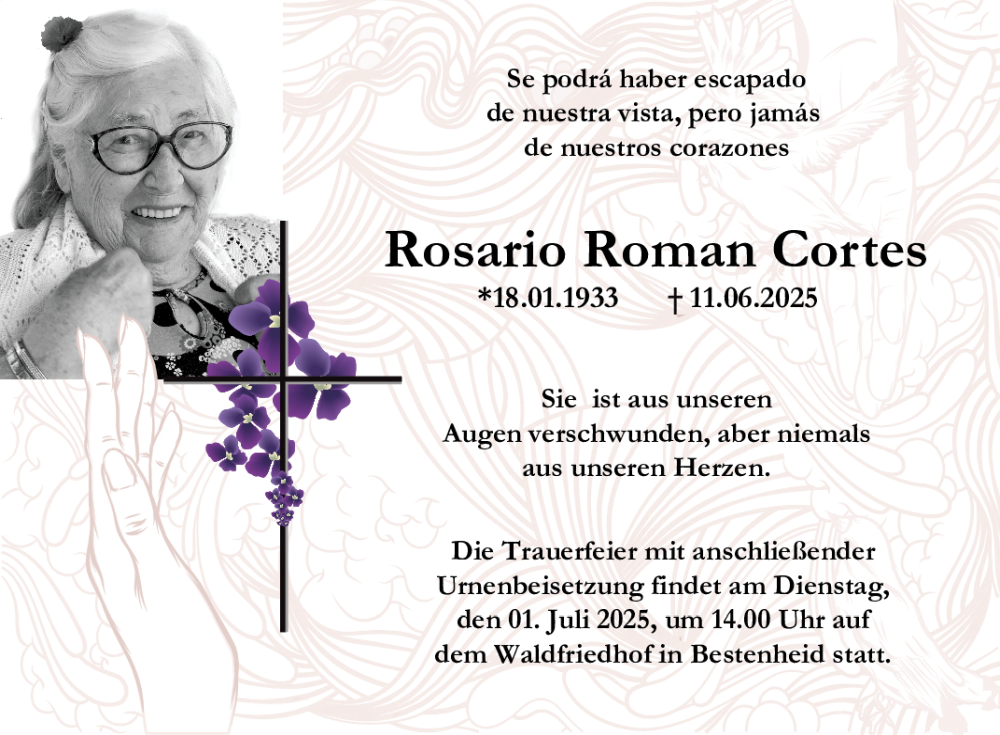  Traueranzeige für Rosario Roman Cortes vom 28.06.2025 aus Fränkische Nachrichten