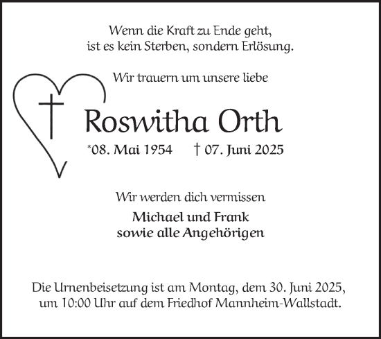 Traueranzeige von Roswitha Orth von Mannheimer Morgen