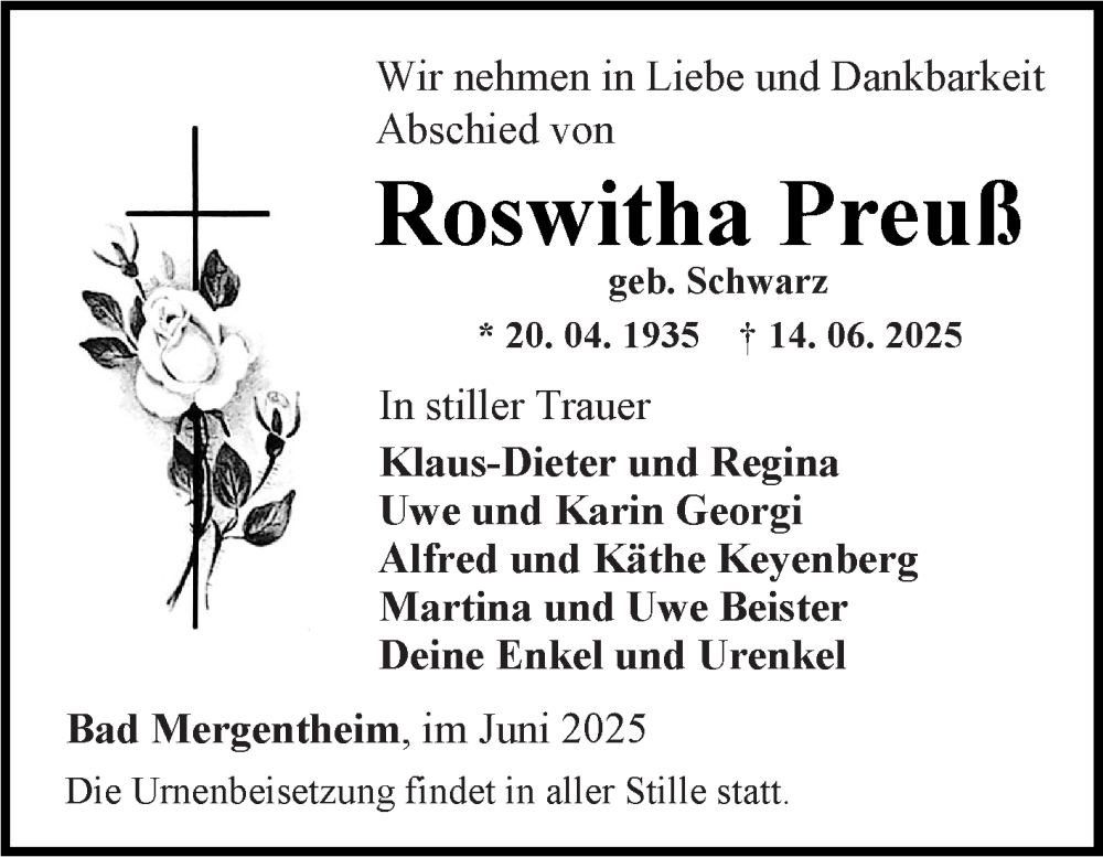  Traueranzeige für Roswitha Preuß vom 20.06.2025 aus Fränkische Nachrichten