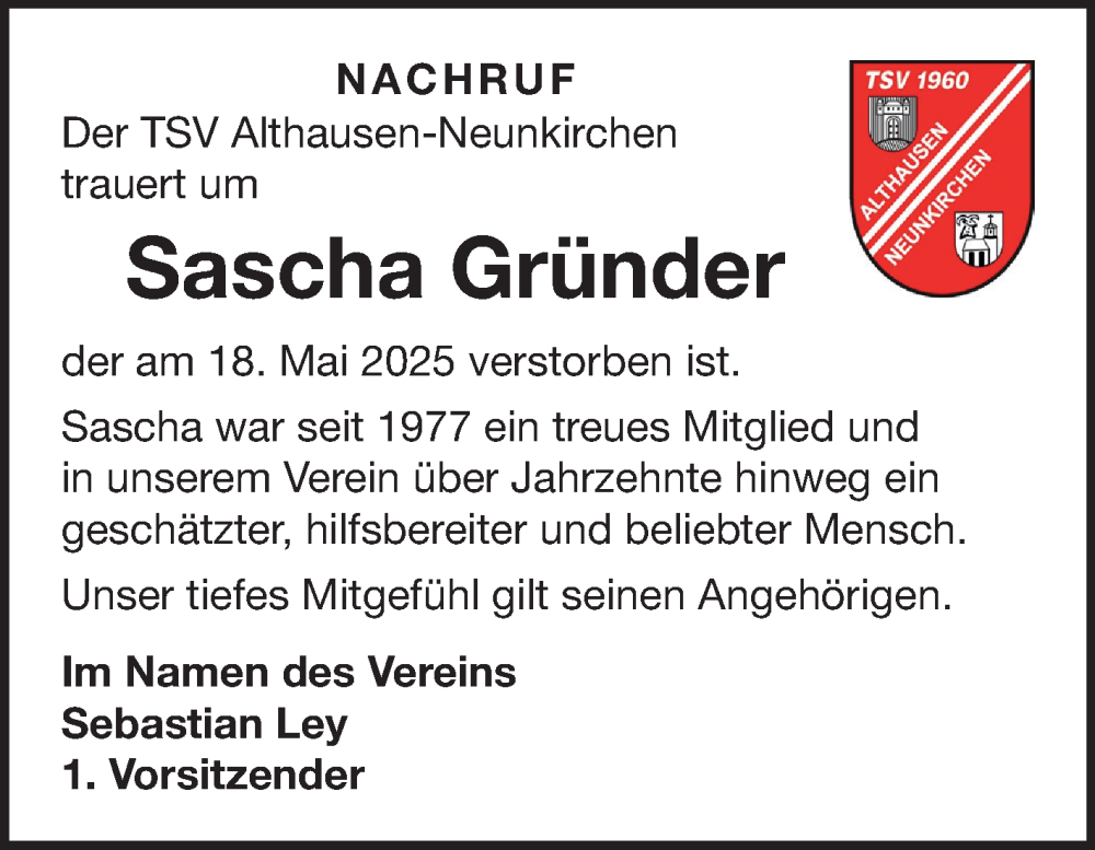  Traueranzeige für Sascha Gründer vom 02.06.2025 aus Fränkische Nachrichten