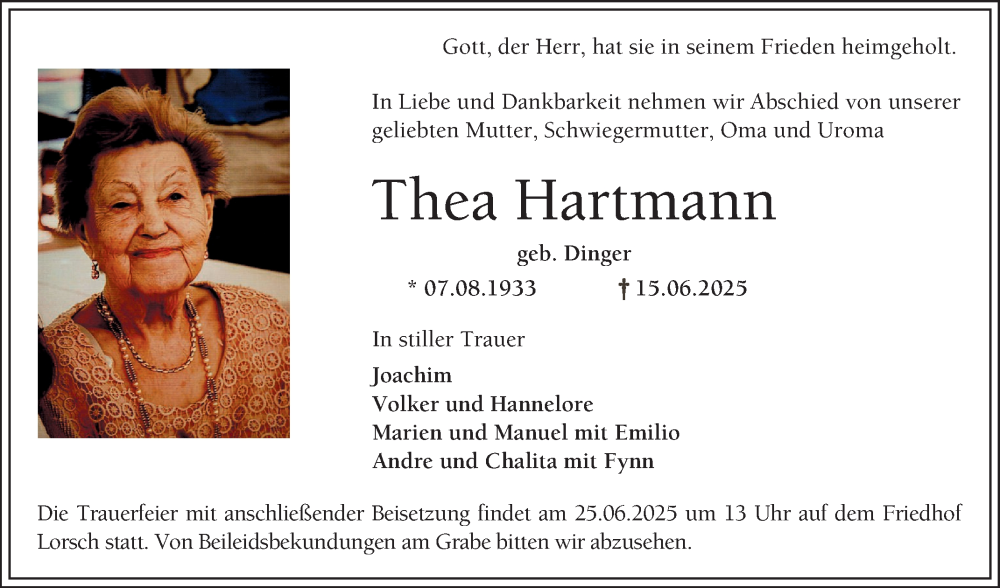 Traueranzeige für Thea Hartmann vom 21.06.2025 aus Bergsträßer Anzeiger