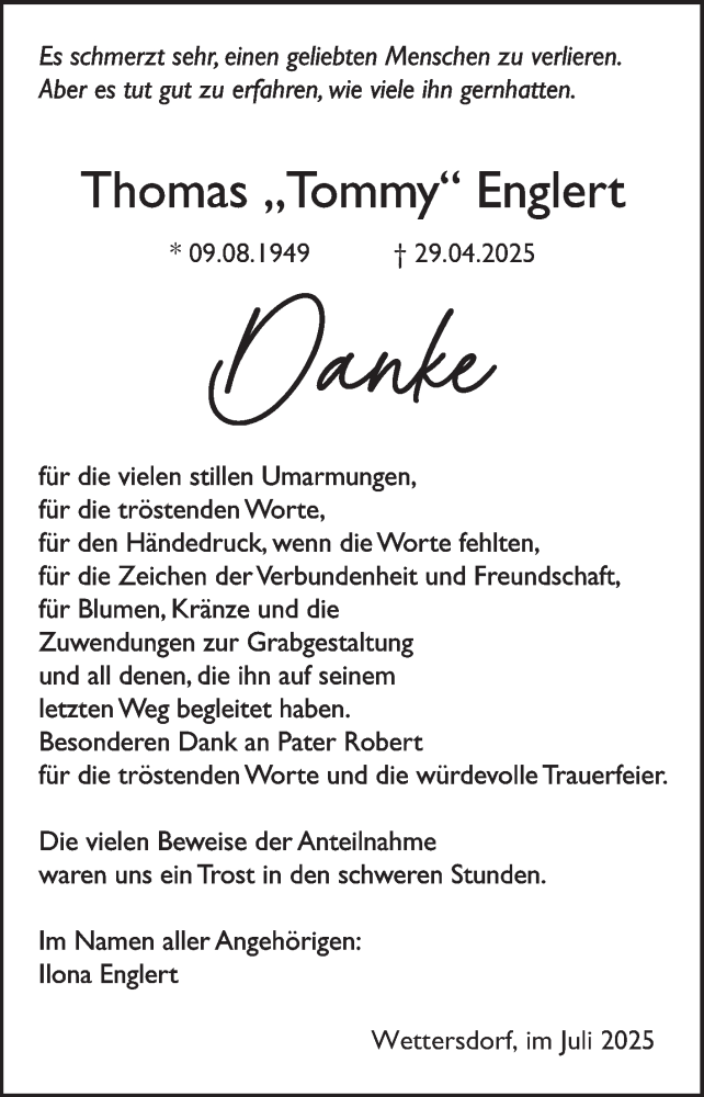  Traueranzeige für Thomas Englert vom 01.07.2025 aus Fränkische Nachrichten
