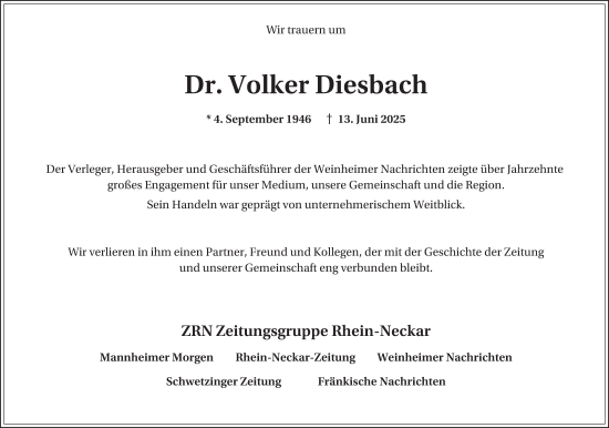 Traueranzeige von Volker Diesbach von Mannheimer Morgen