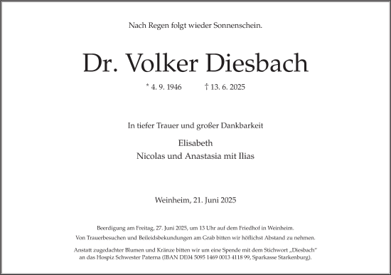 Traueranzeige von Volker Diesbach von Mannheimer Morgen