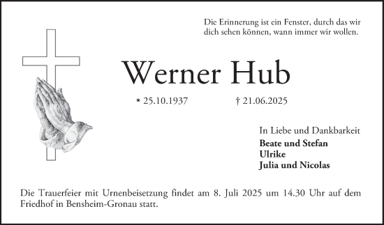 Traueranzeige von Werner Hub von Bergsträßer Anzeiger