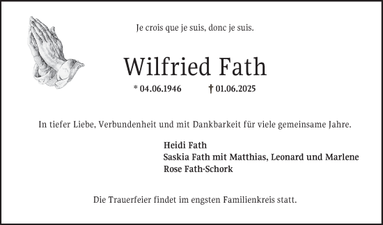 Traueranzeige von Wilfried Fath von Mannheimer Morgen