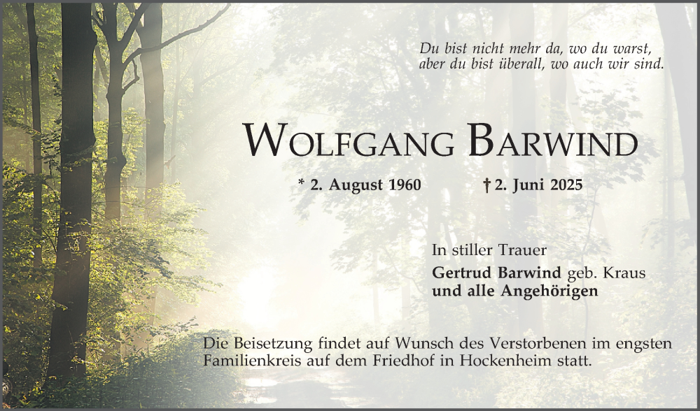  Traueranzeige für Wolfgang Barwind vom 07.06.2025 aus Schwetzinger Zeitung