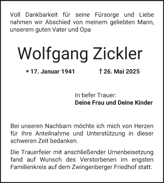 Traueranzeige von Wolfgang Zickler von Bergsträßer Anzeiger