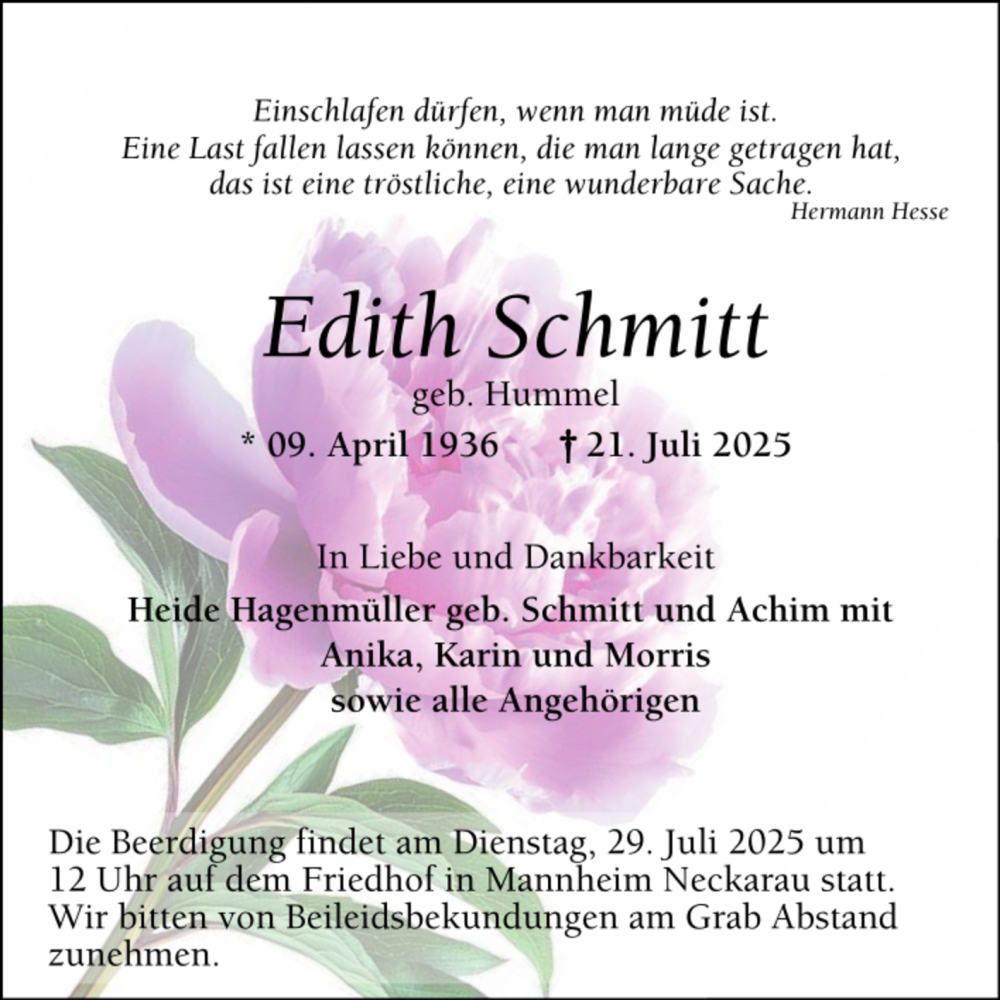 Traueranzeige für Edith Schmitt vom 29.07.2025 aus Mannheimer Morgen