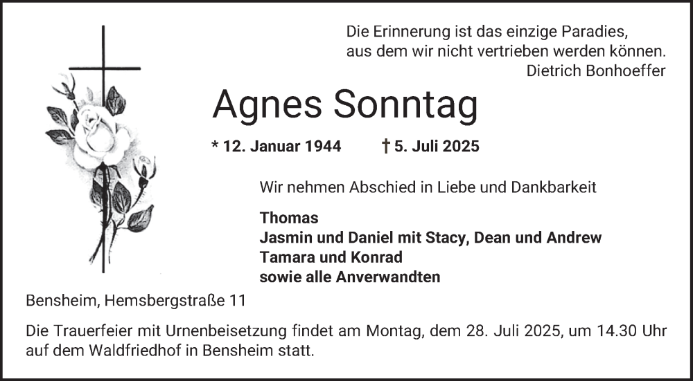 Traueranzeige für Agnes Sonntag vom 26.07.2025 aus Bergsträßer Anzeiger