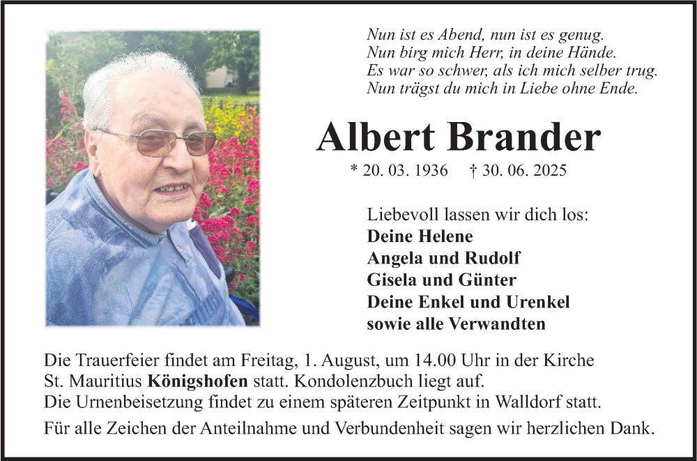  Traueranzeige für Albert Brander vom 26.07.2025 aus Fränkische Nachrichten