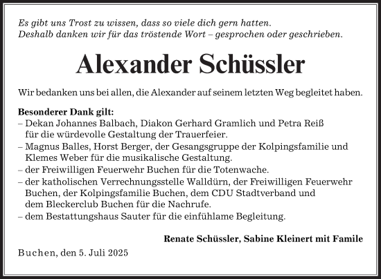 Traueranzeige von Alexander Schüssler von Fränkische Nachrichten
