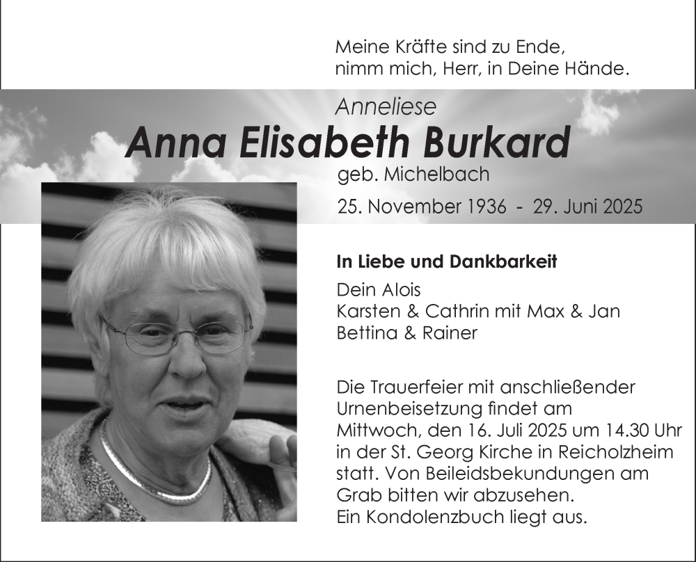  Traueranzeige für Anna Elisabeth Burkard vom 12.07.2025 aus Fränkische Nachrichten