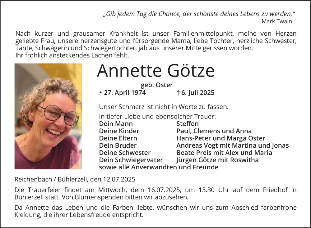  Traueranzeige für Annette Götze vom 12.07.2025 aus Bergsträßer Anzeiger