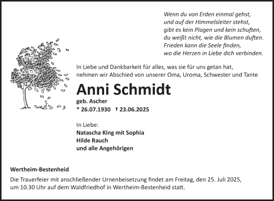 Traueranzeige von Anni Schmidt von Fränkische Nachrichten