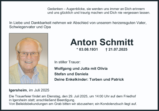 Traueranzeige von Anton Schmitt von Fränkische Nachrichten