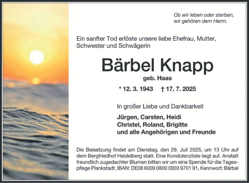  Traueranzeige für Bärbel Knapp vom 26.07.2025 aus Mannheimer Morgen
