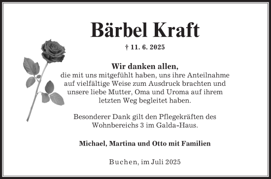 Traueranzeige von Bärbel Kraft von Fränkische Nachrichten