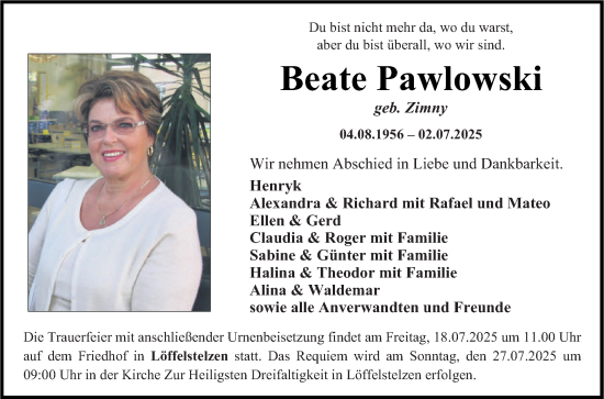 Traueranzeige von Beate Pawlowski von Fränkische Nachrichten